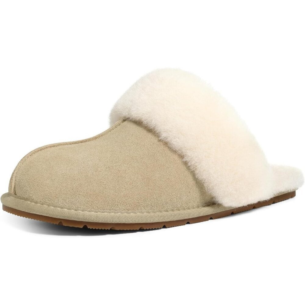 Women's Sand Leather Fuzzy Slippers Cozy Winter Slipper shoes